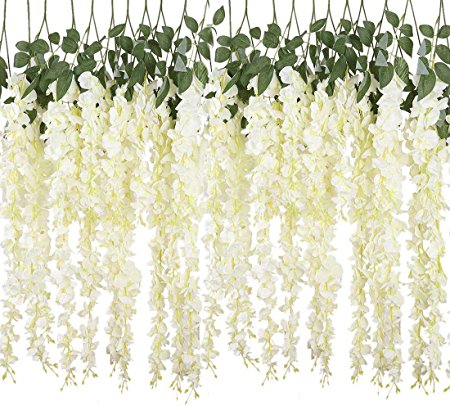 YSBER 6 Piece /12 Piece 3.6 Feet Artificial Fake Wisteria Vine Rattan, Hanging Silk Flowers String for Home Party, Yard and Wedding (6PCS, White)