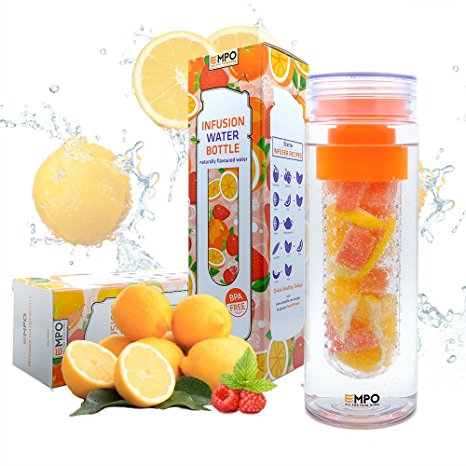 EMPO® Fruit Infuser Water Bottle 750ml/27oz (BPA Free Tritan) - LIFETIME WARRANTY - Free Recipe eBook - High Quality - Durable and Light Weight - An easy way to create delicious water in just a few minutes - Gift Wrap Available (Orange)