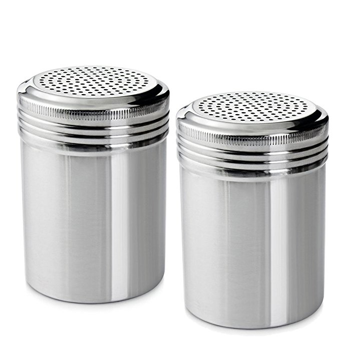 (Set of 2) 10 Ounce Stainless Steel Dredge with Handle, Salt, Pepper, Spice, Sugar Shaker Set