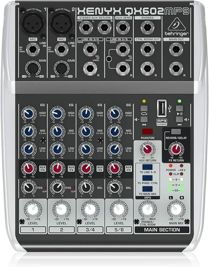 Behringer XENYX QX602MP3 Premium 6-Input 2-Bus Mixer with XENYX Mic Preamps, British EQ, MP3 Player and Multi-FX