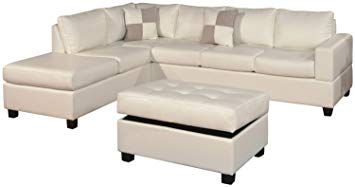 Poundex F7354 Cream Bonded Leather Living Room Sectional Sofa