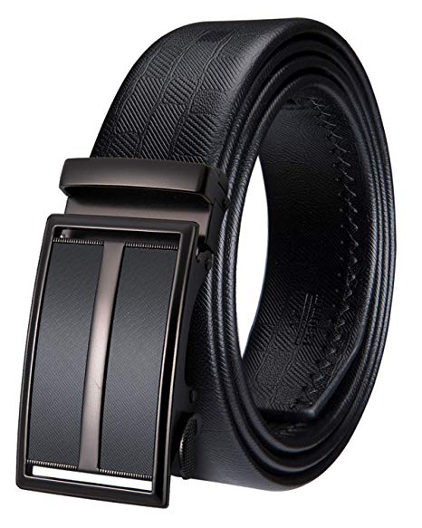 Hi-Tie Genuine Leather Men Black Ratchet Dress Designer Belt with Silde Metal Automatic Buckle