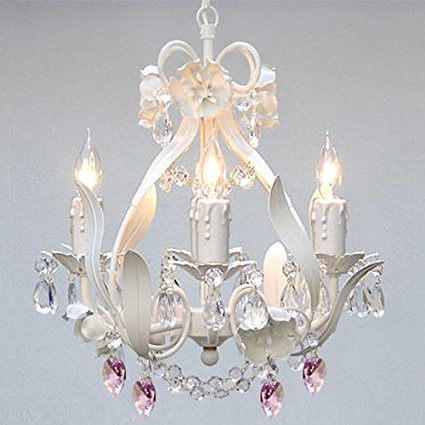 WHITE IRON CRYSTAL FLOWER CHANDELIER LIGHTING W/ PINK CRYSTAL HEARTS! - PERFECT FOR KID'S AND GIRLS BEDROOM!