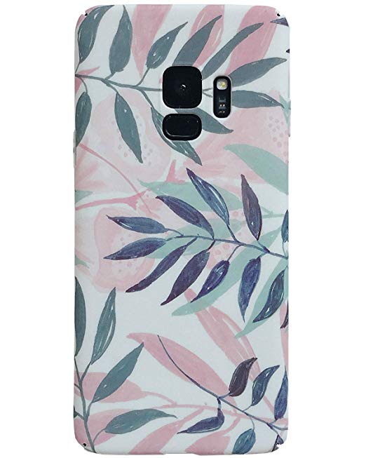 J.west Galaxy S9 Case, Pink Leaf Design Anti-Scratch &Fingerprint Shock Proof Thin Non Slip Matte Back Grip Slim Fit Shell Hard Protective Cover for Samsung Galaxy S9