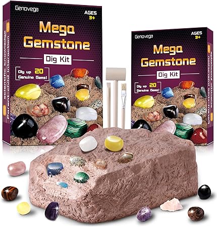 Gemstone Crystal Rocks Dig Kit, Excavate 20 Real Gems Fossils, STEM Geode Toys for Ages 4 5 6 7 8 9 10 11 12 Year Old Kids Girls Boys, Educational Discovery Science Collection Gifts (Purple)