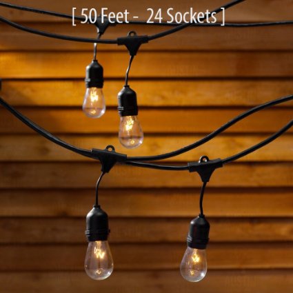 Outdoor Commercial String Globe Lights with Hanging Drop Sockets - 50ft - 24 Sockets and bulbs   2 replacement Bulbs. Outdoor or Indoor. Great for patio, café, party, home, bistro, wedding, backyard