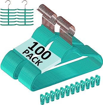 VECELO Premium Velvet Suit Hangers Heavy Duty (100 Pack) - Non Slip & Space-Saving Clothes Hangers with 12 Finger Clips and 2 Tie Rack Excellent for Men and Women (Teal)