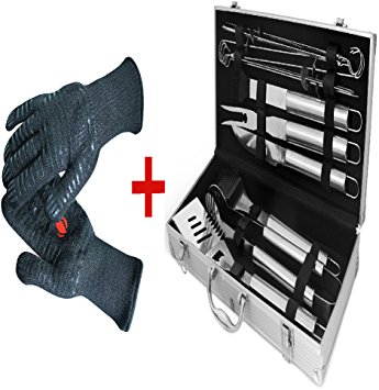 BBQ Gloves Extreme Heat Resistant Bundled with Grill Tool Kit : 12 Piece Stainless Steel Set for Indoor Outdoor Cooking (Black One Size)