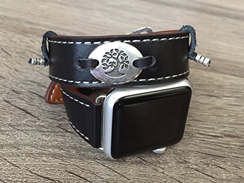 Black Double Wrap Vegan Leather Band For Apple Watch Series 1 2 & 3 Replacement Accessory Smart Watch Bracelet Eco Friendly Wristband Strap With Silver Tree Of Life Inspirational Charm