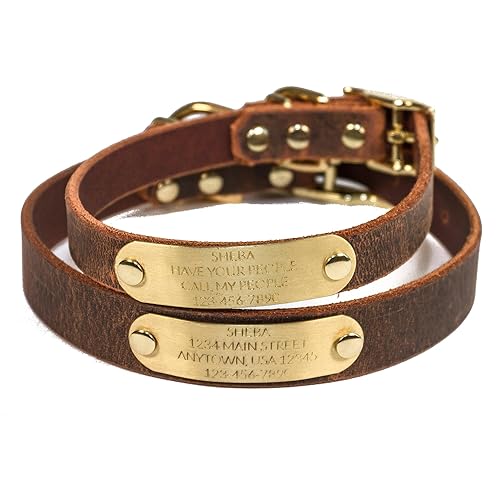 Handmade Personalized Bridle Leather Dog Collar, Engraved Solid Brass Nameplate (Distressed Brown)
