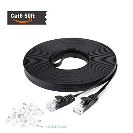 Cat6 Ethernet Cable 50 ft High Speed Black with Free White Cable Clips - Ikerall RJ45 Flat Ethernet Patch Cable Internet Wire 50 Feet(15 Meters) - Compatible with Cat5e/Cat5 Standards