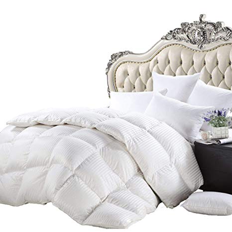 Luxurious Heavy King/California King Siberian Goose Down Comforter All-Season Duvet Insert, Premium Baffle Box, 1200 Thread Count 100% Egyptian Cotton, 750+ Fill Power, 50 oz, White Damask Stripe