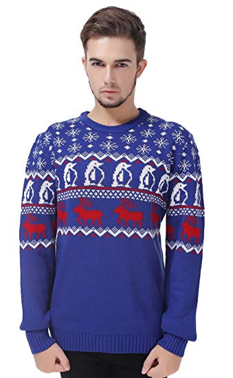 v28 Men's Christmas Reindeer Snowman Penguin Santa and Snowflakes Sweater