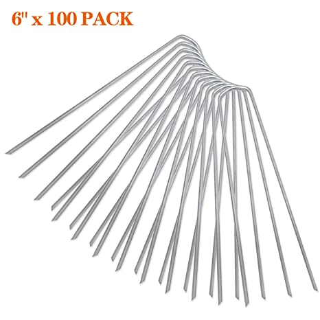 Navseek 100 Pack 6 Inch Galvanized Garden Stakes and Landscape Staples Sod Staples, Garden Staples Square Pins Sturdy Rust Resistant Fabric Anchor Pins (100)