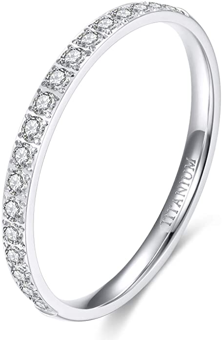 TIGRADE 2mm Women Titanium Eternity Ring Cubic Zirconia Anniversary Wedding Engagement Band Size 3-13.5