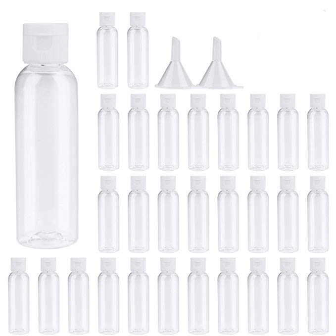 Travel Bottles Tsa Approved，2 oz Plastic Bottles Small Squeeze Bottles Leak Proof Silicone Travel Size Containers With Flip Cap(30 Pack, 2 Funnels Included)