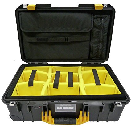 Black Pelican "Colors" series 1535SC Air case w/ Yellow Handle & Latches. With Padded Dividers & 1535 Computer / accessories pouch.