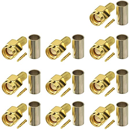 Bingfu SMA Male Crimp Solder Attachment 50 Ohm Gold Plated Copper Connector (10-Pack) Compatible with RG58 RG303 RG141 RG142 RG400 Low Loss 195 Coaxial Coax Jumper Cable