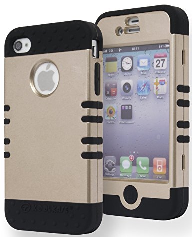 Bastex Heavy Duty Hybrid Case for Apple Iphone 4, 4s, 4g, 4gs - Black Silicone with Gold Snap On Mini Ribcage Design Hard Shell Cover