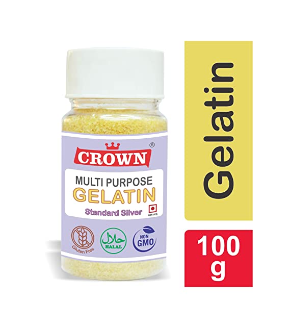 CROWN Gelatin 100g | Multipurpose | Standard Silver Grade | FSSAI Approved | Halal | 99% Protein | Spl. for Making DIY Sweet & Jam, DIY Peel Off Mask, Blackheads & Whiteheads Remover | Effective for Joint Pain