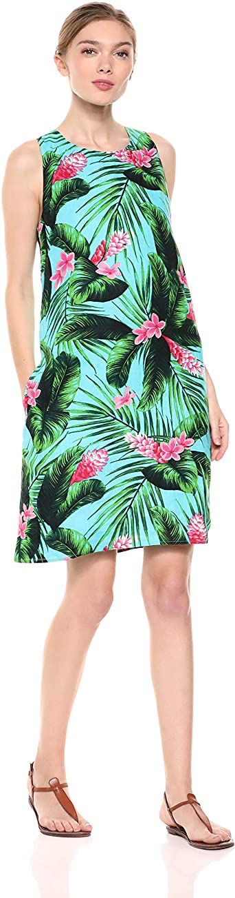 28 Palms Women's 100% Linen Hawaiian Print Sleeveless Shift Dress with Pockets