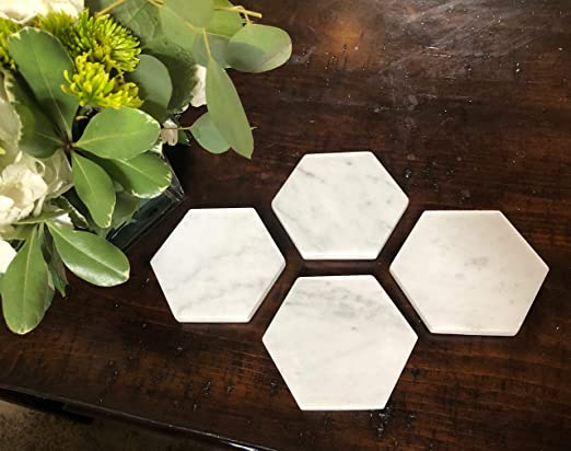 Set of 4 Italian Carrara Marble 4” Hexagon Coasters for Drinks, with Cork Backings for protections, beautiful Natural Stone, Handmade in the USA; White and Gray.