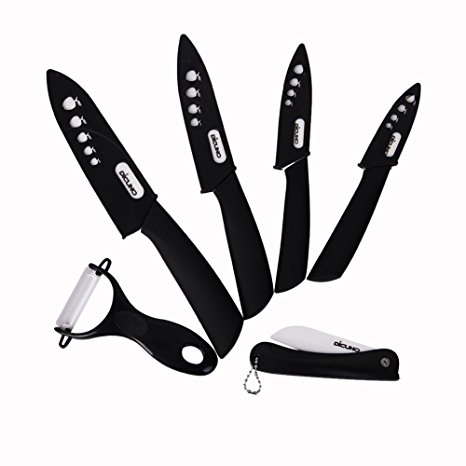 Dicuno 12 Piece Black Ceramic Cutlery Kitchen Knives with Fruit Peeler - Knife Set   1 Finger Guard   4 Cutting Board Grips   1 Extra Folding Knife