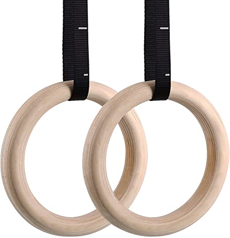 Femor Gym Rings, Wood Gymnastic Rings 1100lbs with 15ft Adjustable Straps, Heavy Duty Gym Equipment for Cross-Training Workout, Strength Training, Gymnastics, Fitness, Pull Ups and Dips (Set of 2)