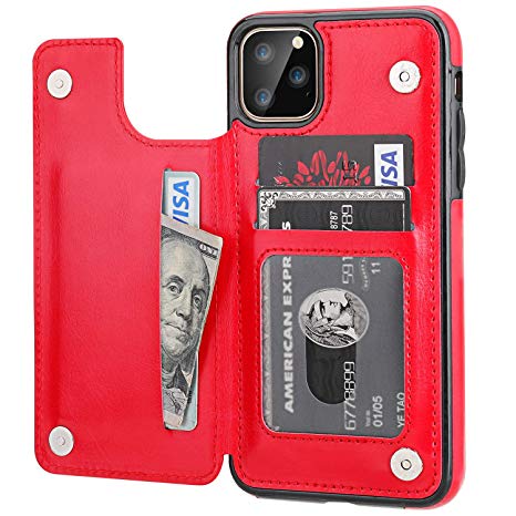 iPhone 11 Pro Max Wallet Case with Card Holder,OT ONETOP PU Leather Kickstand Card Slots Case,Double Magnetic Clasp and Durable Shockproof Cover for iPhone 11 Pro Max 6.5 Inch(Red)
