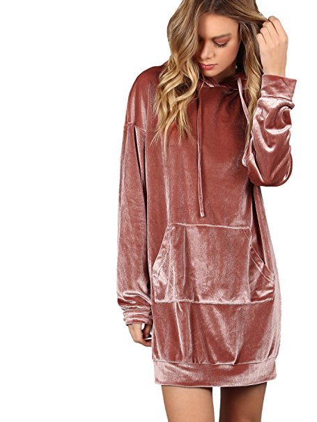 ROMWE Women's Velvet Drop Shoulder Pocket Front Hoodie Mini Short Dress Sweatshirt