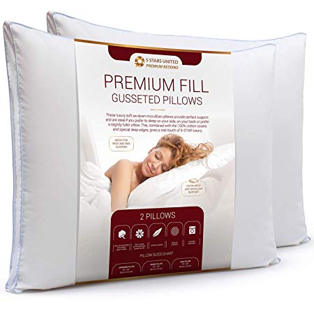 5 STARS UNITED Bed Pillows for Sleeping - 2-Pack - Mid Loft - Soft Fiber Fill - Hypoallergenic - Cotton Covers - Best Alternative to Feather and Down Bedding (Gusset King 20" x 36")