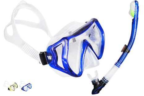 WACOOL Snorkeling Package Set for Adults, Anti-Fog Coated Glass Diving Mask, Snorkel with Silicon Mouth Piece,Purge Valve and Anti-Splash Guard,100% Lifetime Guarantee.