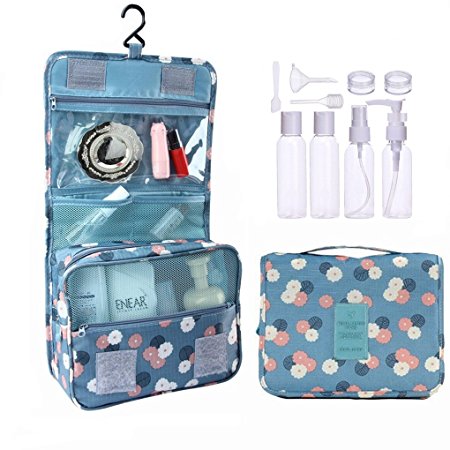 Azornic Travel Folding Make up Toiletry Wash Bags with Hook Organizer Bags Cosmetic Bags - Extra bonus 9 Piece Travel Bottle Set (Blue Flower)