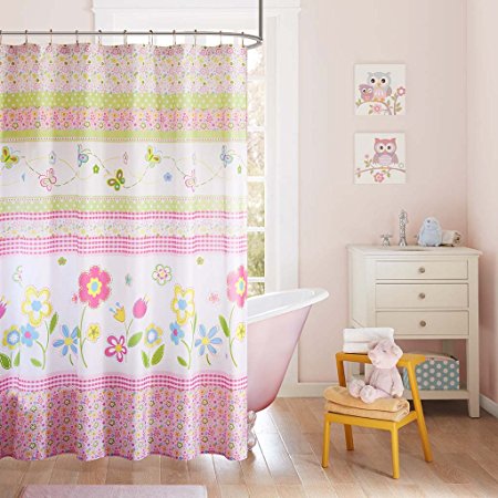 Mi Zone Kids - Spring Bloom Printed Shower Curtain - Pink & Green - 72(W)" X 72(L)" - Floral Print - Machine Washable