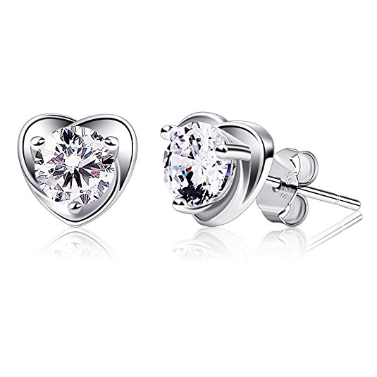 B.Catcher Earring Studs Heart Shape 925 Sterling Silver Cubic Zirconia Heart Stud Earrings