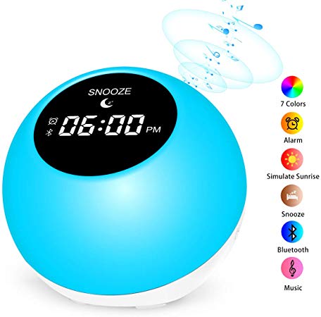 Wake- Up Light, Sunrise Alarm Clock with 7 Colored Atmosphere Lamp & Sleep Aid Feature, Bluetooth Speaker Alarm Clock for Heavy Sleepers, Digital Clock for Bedrooms- 6 Nature Sounds & Snooze Function