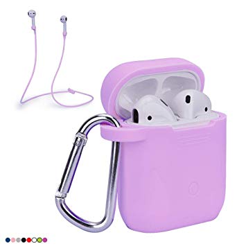 Deke Compatible Apple airpods Wireless Bluetooth Earbuds case. Airpod Buds Cases Full Protective Cover Portable Bud Silicone Skin with Anti-Lost Hooks/Strap. Airbuds Skins Set. Audifonos (Purple)