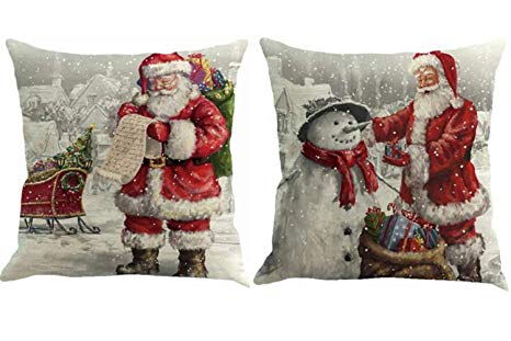 Foozoup Merry Christmas Throw Pillowcase Santa Claus Home Decor Cushion Cover for Sofa Couch (Set of 2)