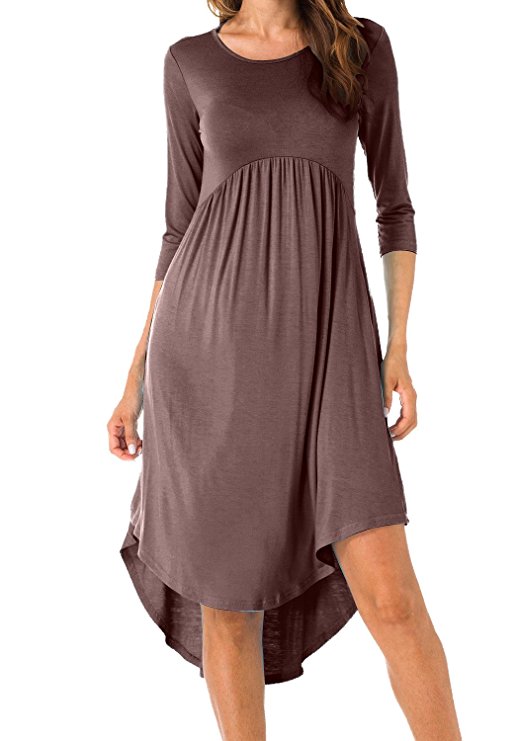 Levaca Women's Scoop Neck Pockets High Low Pleated Loose Swing Casual Midi Dress