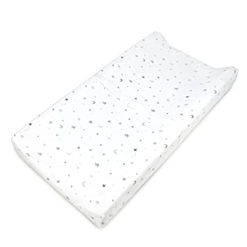 TL Care Printed 100% Cotton Knit Fitted Contoured Changing Table Pad Cover - Compatible with Mika Micky Bassinet, Gray Stars and Moons, for Boys and Girls