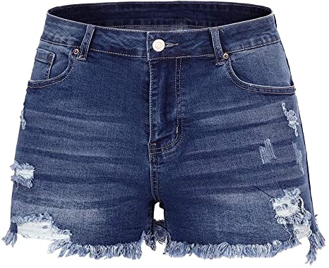 THUNDER STAR Women Mid Rise Ripped Stretchy Jeans Shorts Frayed Raw Hem Casual Denim Shorts