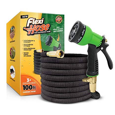 Flexi Hose Upgraded Expandable Garden Hose, Extra Strength, 3/4" Solid Brass Fittings - The Ultimate No-Kink Flexible Water Hose, 8 Function Spray Included (100 FT)