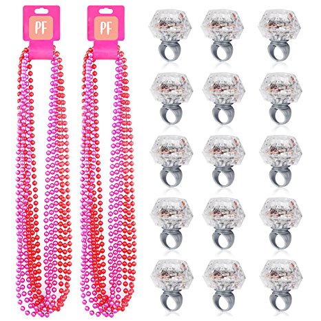 PartyFuFu Party Beads Necklaces (12 Pieces) & Light Up Engagement Diamond Rings (12 Pieces), Bachelorette Party Light Up Rings with Bachelorette Party Beads 17 inch (Pink & Red)