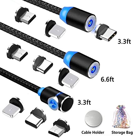Magnetic Charging Cable Micro USB Type C Lighting 3 in 1 Phone Charger Cable with LED Nylon Braided Cabies for Samsung S6 S7 S8 S10 A50 A20e Huawei P9 P20 Sony i-Products and More[3 Pack]
