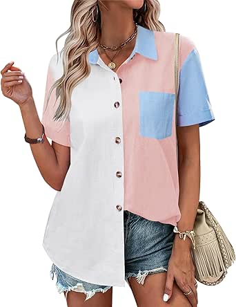 Zeagoo Womens Button Down Shirts Color Block Short Sleeve Cotton Linen Summer Causal Blouses Tops