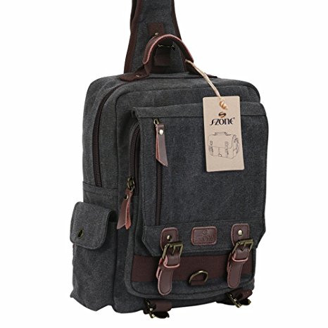 S-ZONE One Strap Sling Canvas Cross Body 13-inch Laptop Messenger Bag Travel Shoulder Backpack Dark Gray