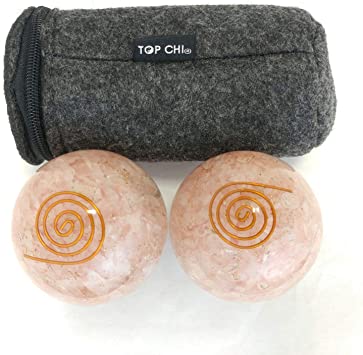 Top Chi Rose Quartz Orgonite Baoding Balls with Carry Pouch for Hand Therapy, Exercise, and Stress Relief (Large 2 Inch)
