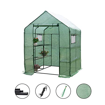Large Walk-in Greenhouse With PE Cover 57" L x 57" W x 77" H, 3 Tier 8 Shelves,Window Version and Roll-Up Zipper Door, Waterproof Cloche Portable Green house,Outdoor Gardening Organic Greenhouse