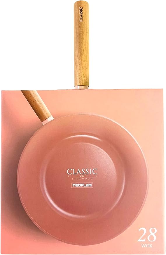 NEOFLAM 11" Nonstick Pink Color Wok for Stove Top and Induction | Wood Handle | Made in Korea (11" Wok)
