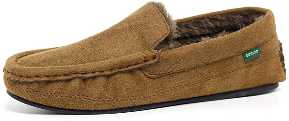 Mens Famous Dunlop GEORGE Moccasin Loafers Faux Sheepskin Fur Slippers with Rubber Sole